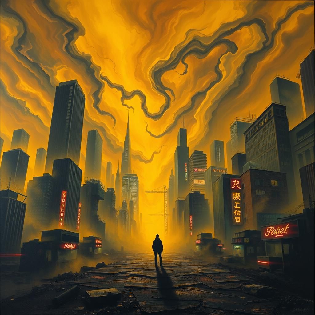 An abstract distopia, with a  distorted sky, a surreal envir...