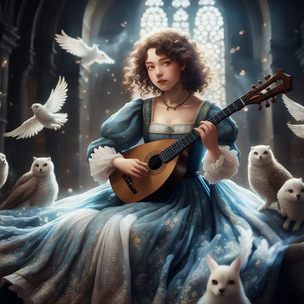 Anime Woman Plays Lute with Animal Spirits