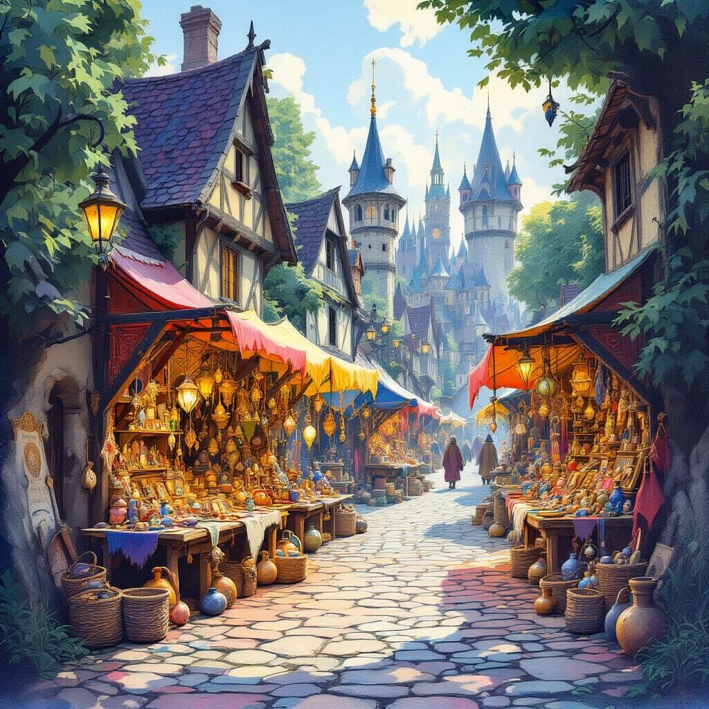 Fantasy Village Market in Gouache Style