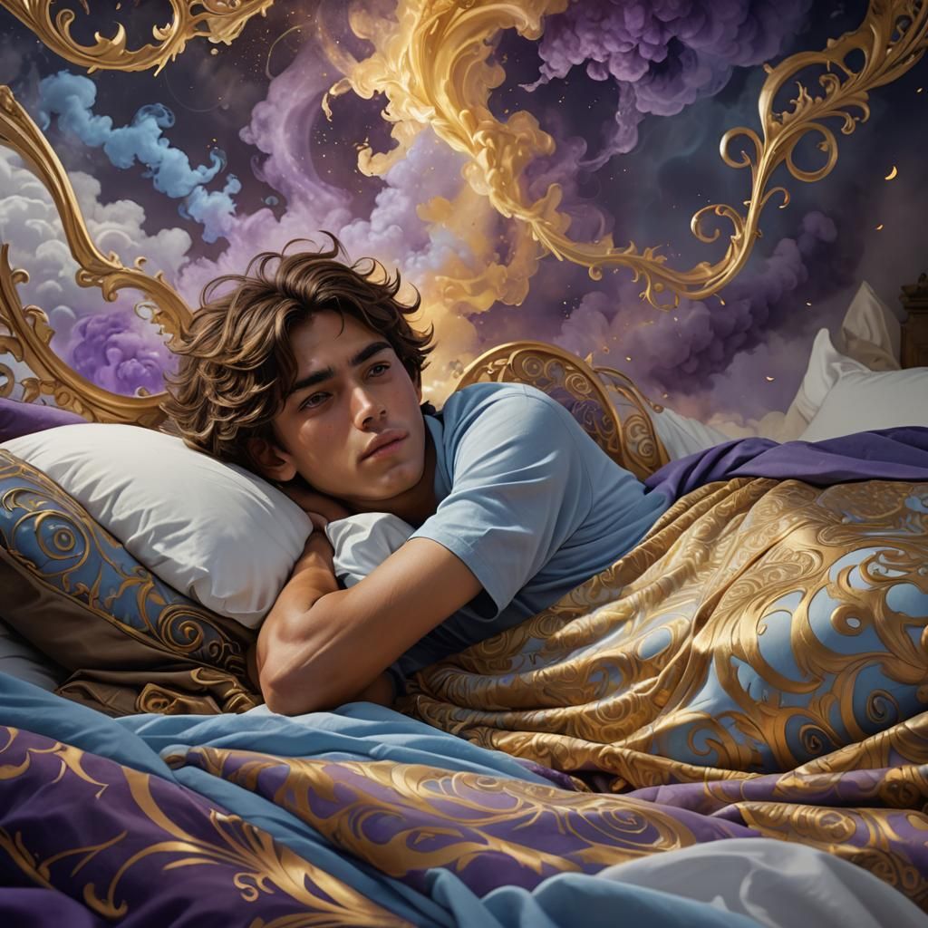 Teen Boy in Bed with Swirling Smoke, Fantasy Art