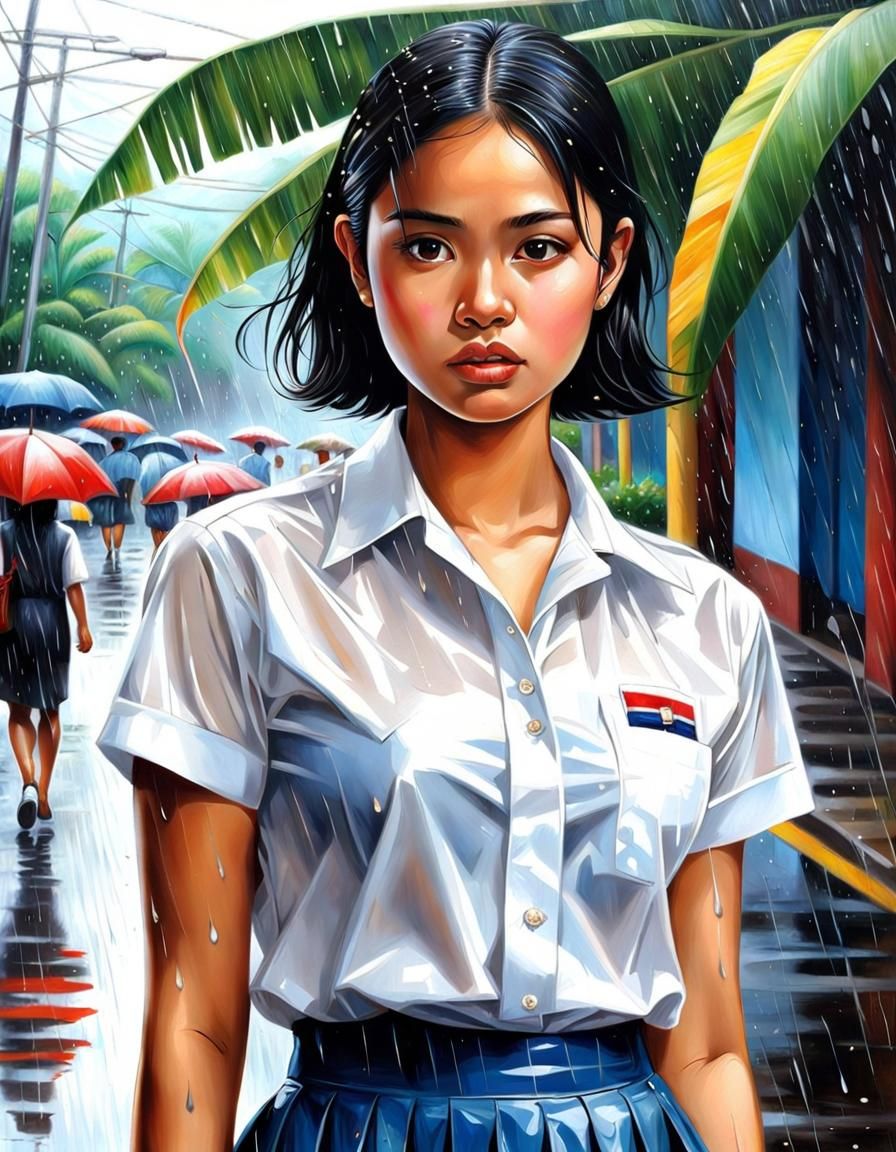 Photorealistic Indonesian Woman in Rainstorm