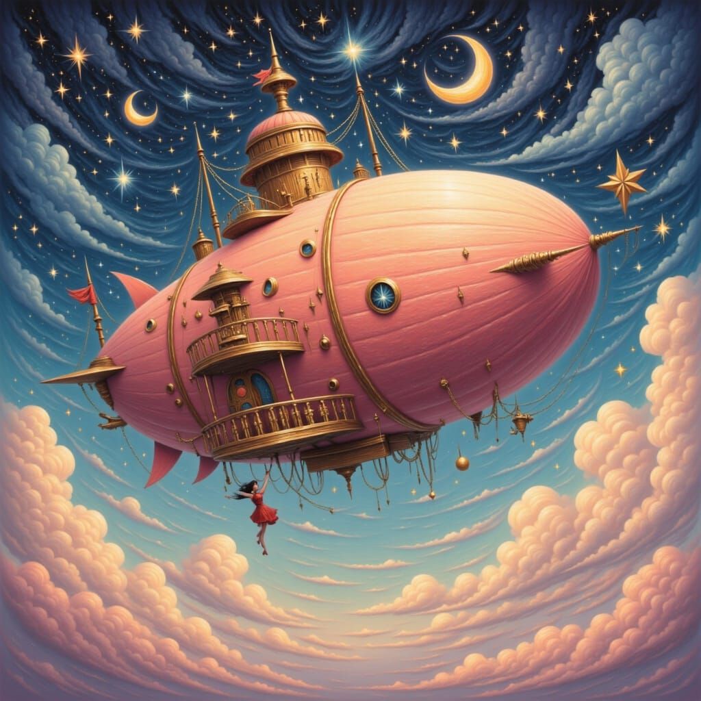 Steampunk Peach Airship Sails Cosmic Sky in Miyazaki Style