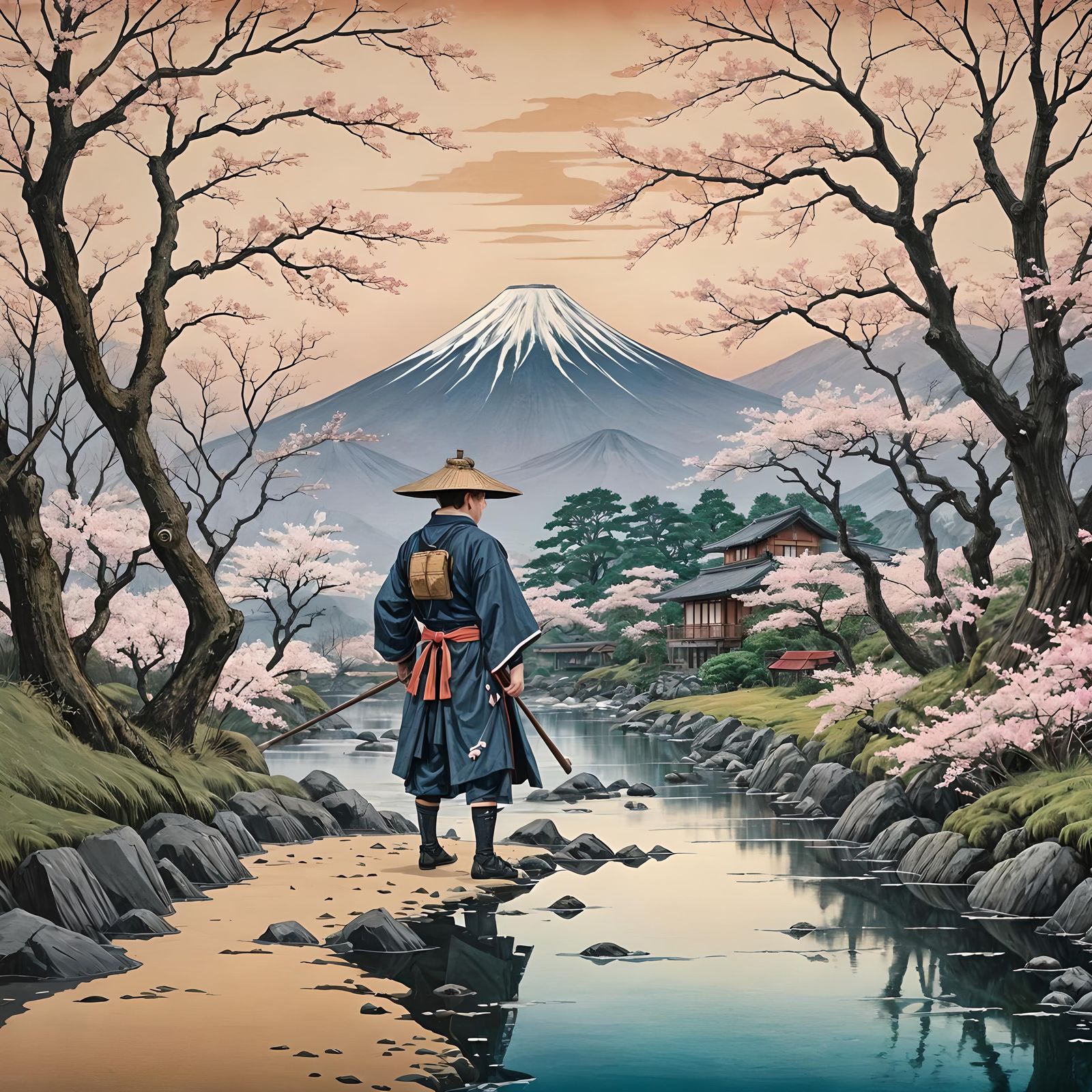 Mount Fuji at Dawn: Ukiyo-e Style Scene