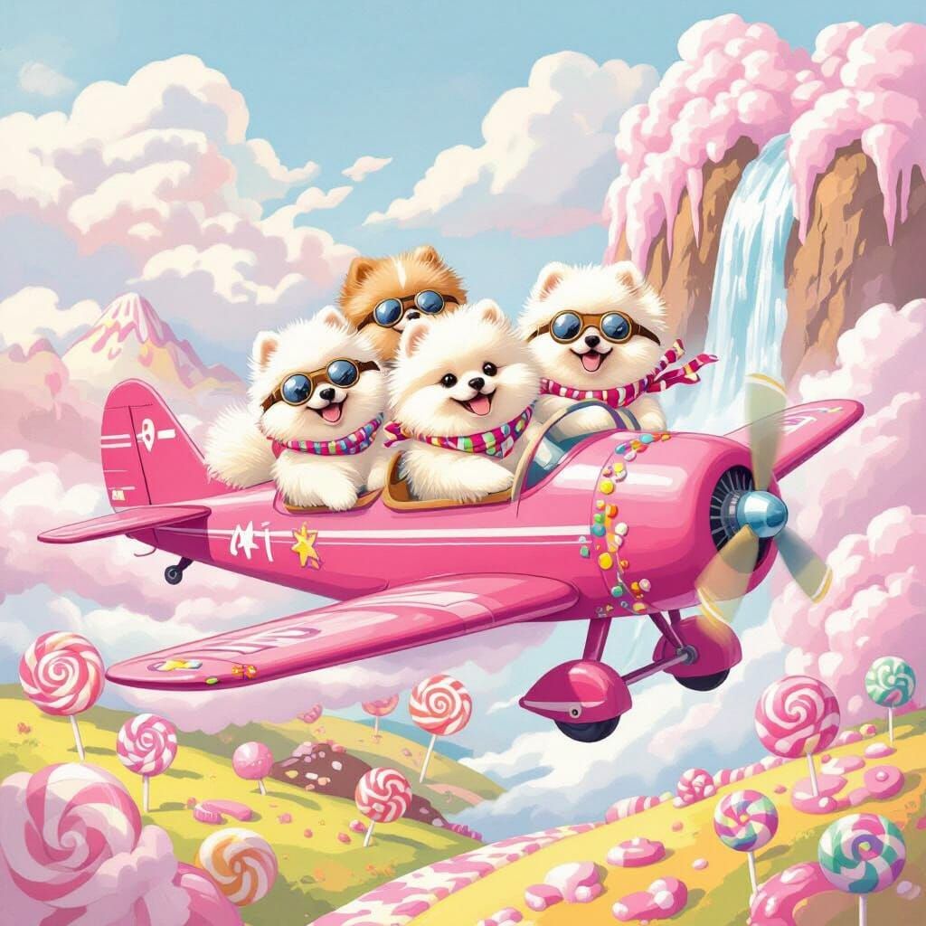 Pomeranian Pilots Fly Candy Plane Over Whimsical Candyland