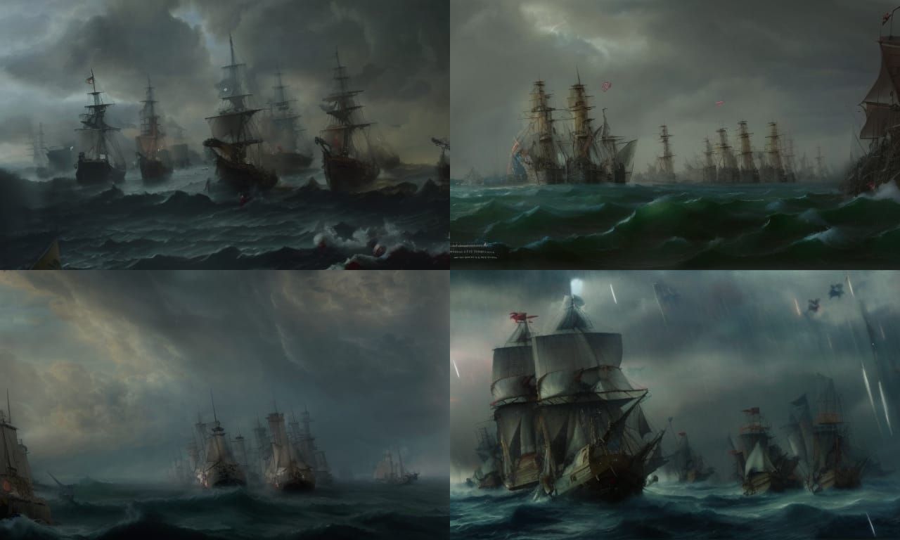 Epic Naval Battle in Rainy Weather, Watercolour Style