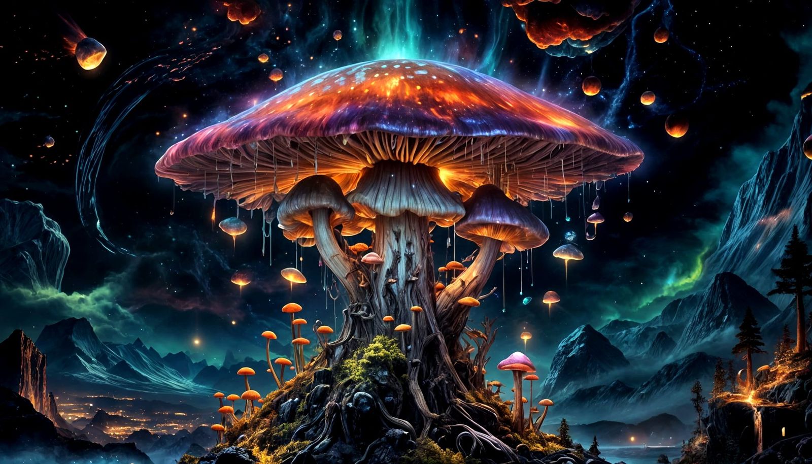 Iridescent Mushroom City with Rainbow Waterfalls