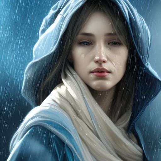 Crying Woman in Rain: Hyperdetailed Digital Portrait