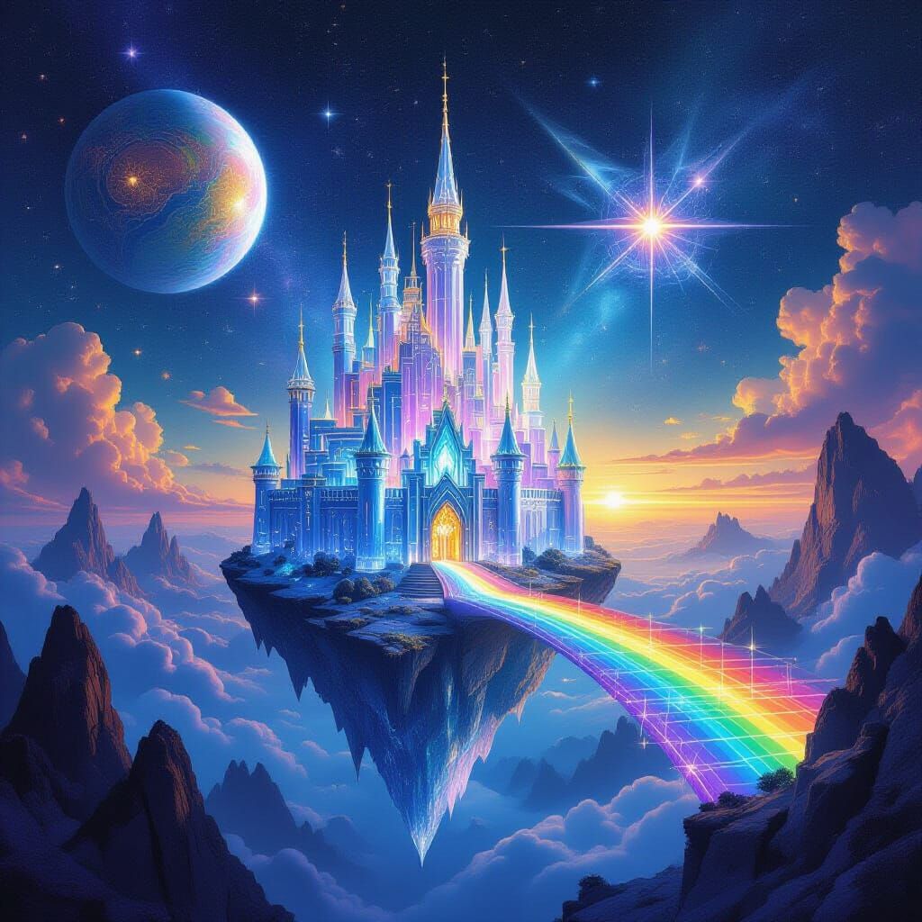 Crystal Castle on Rainbow Road: A Cosmic Surrealism Scene