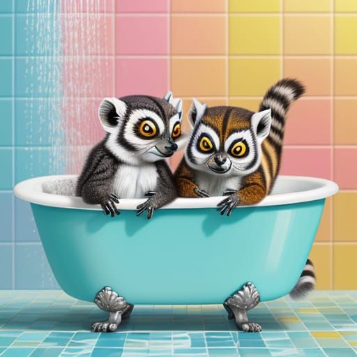 Lemur and Chipmunk's Playful Shower: Digital Illustration