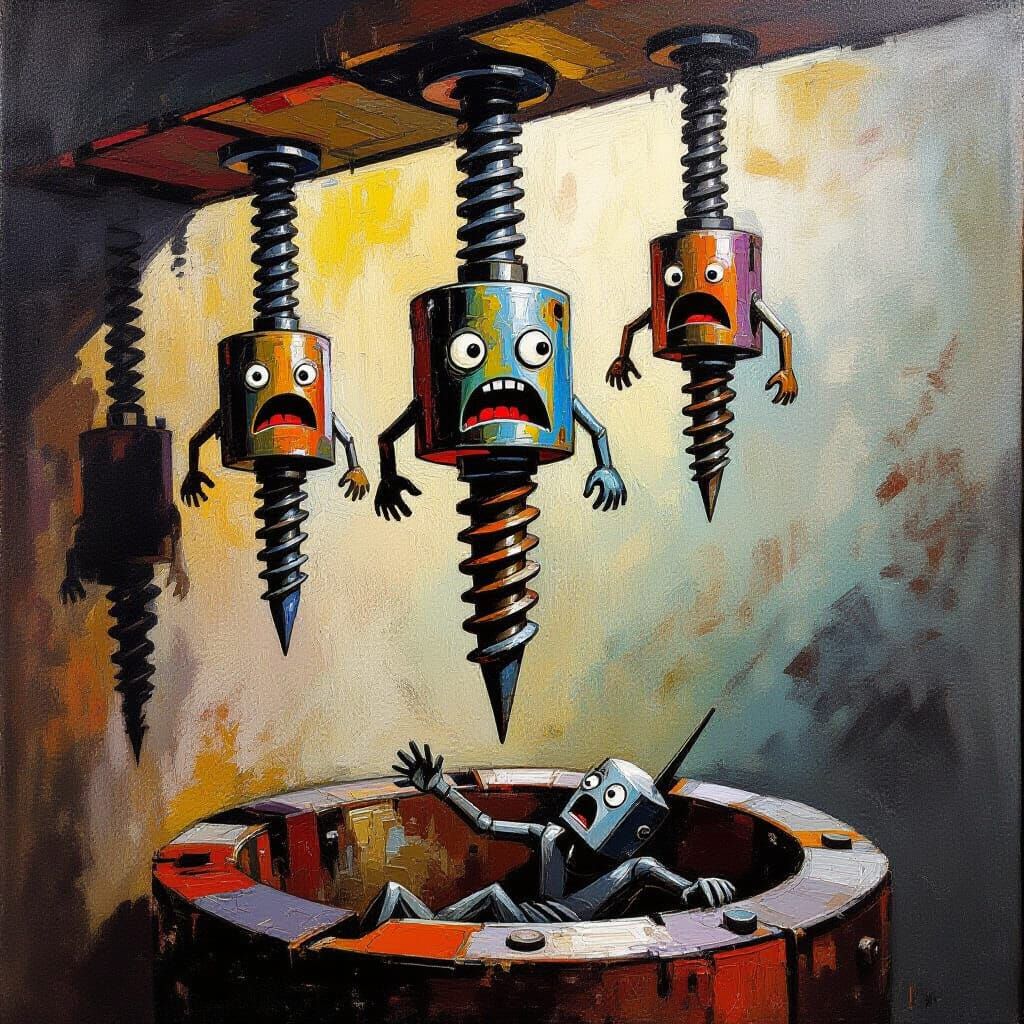 Heroic Screws Descend Towards Crusher in Impasto Oil Style