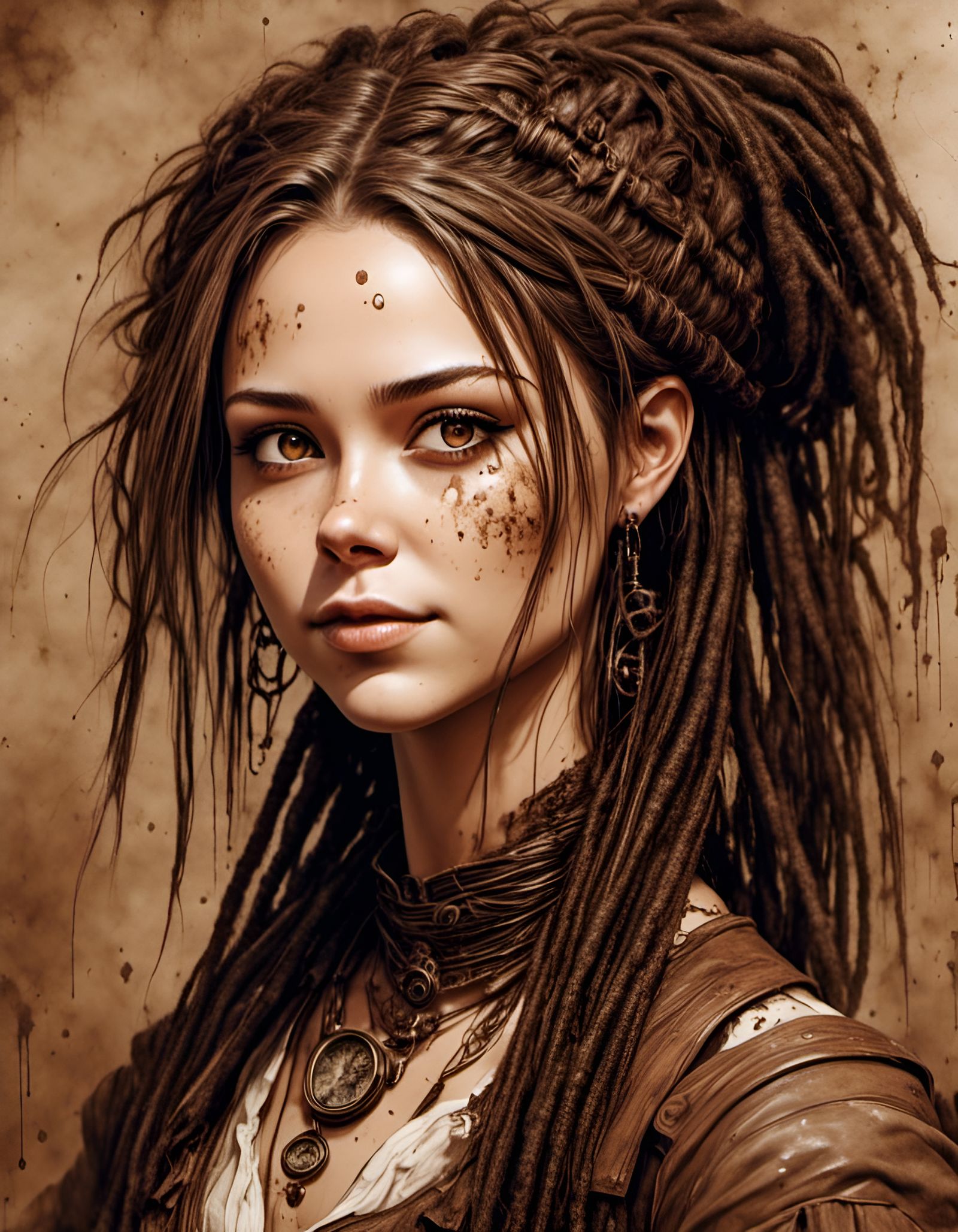 Steampunk Renaissance Woman in Sepia Ink Portrait