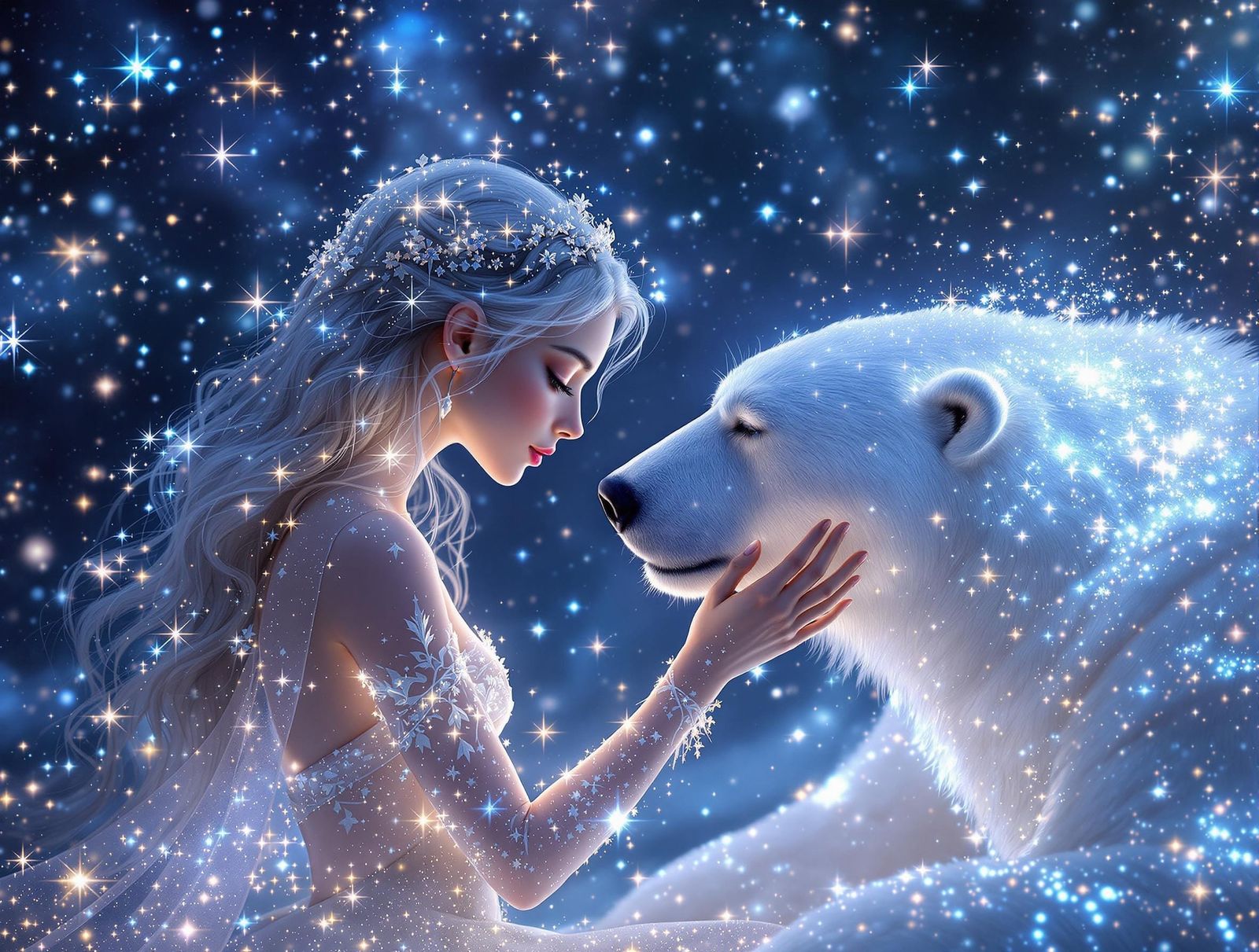 Ethereal Fairy Meets Majestic Polar Bear in Cosmic Realm