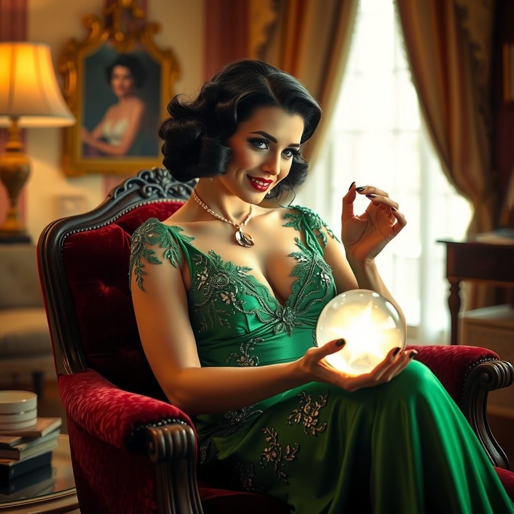 Vintage Pin-Up Goddess in Mystical Evening Attire