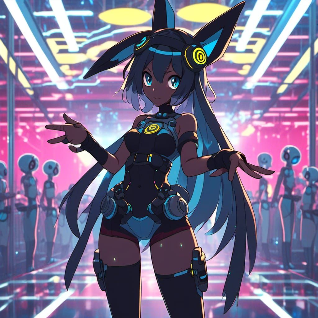 Anthropomorphic Pokemon Umbreon with humanoid body, dancing at a WAREHOUSE RAVE, Body in frame Anime 8K resolution <lora...