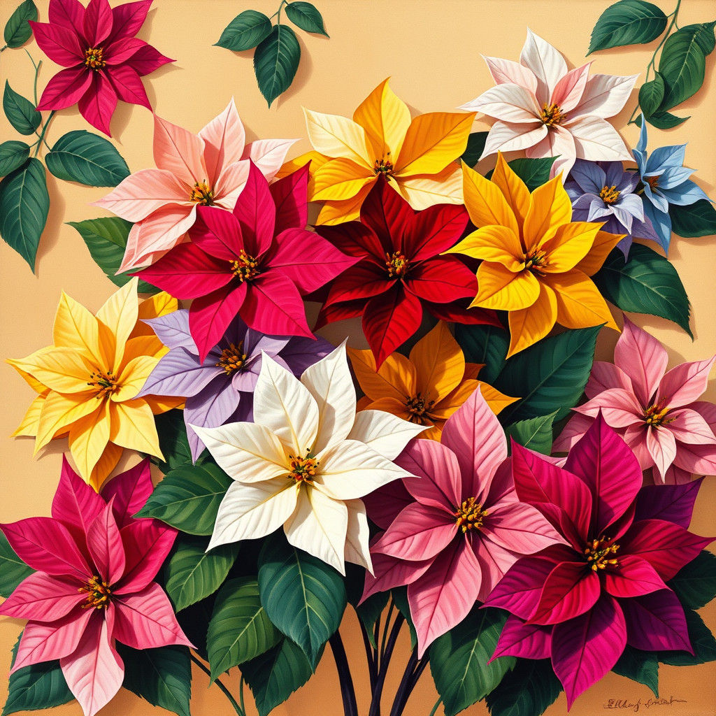 Colorful Poinsettias Still Life Painting