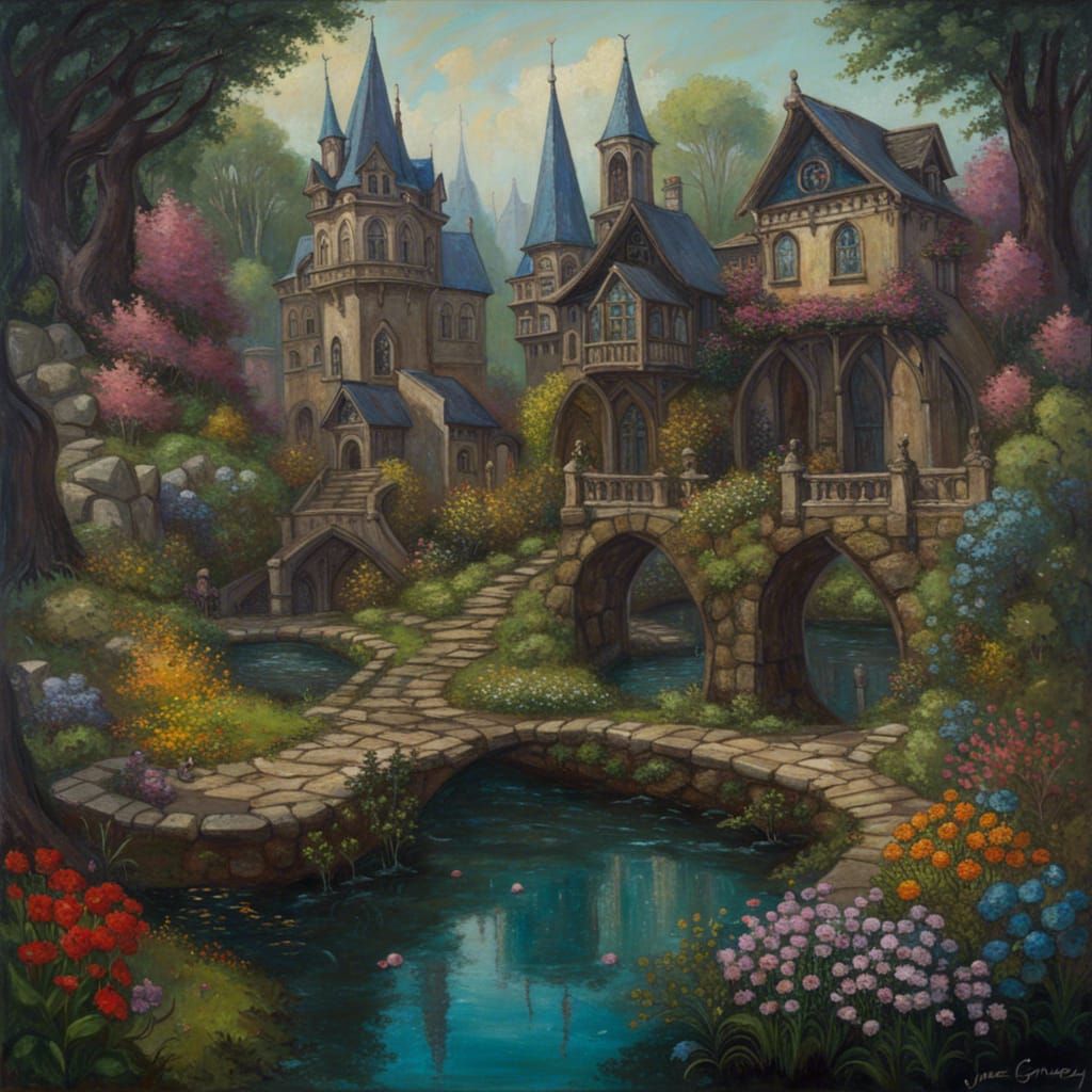 Gothic Fairytale Town in Spring Forest, Oil Painting