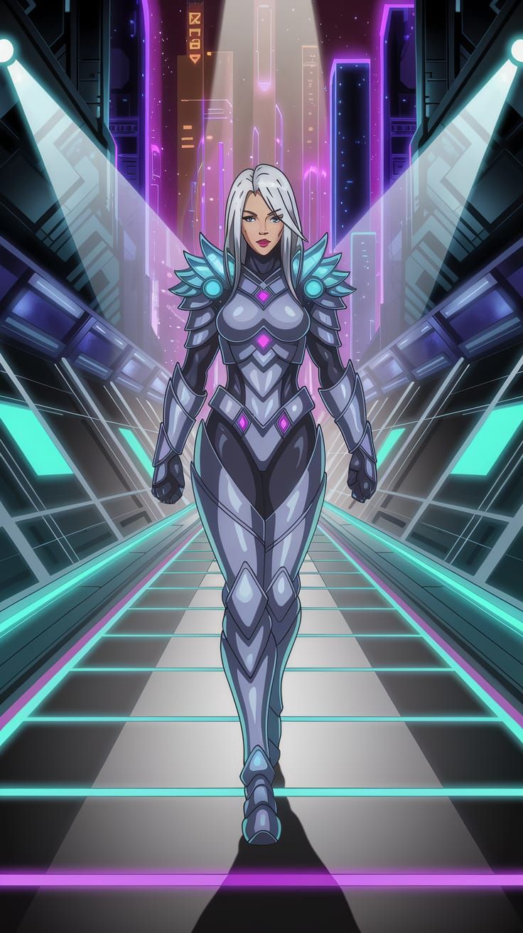 Sleek Anime Warrior Strides Through Futuristic Cityscape in ...