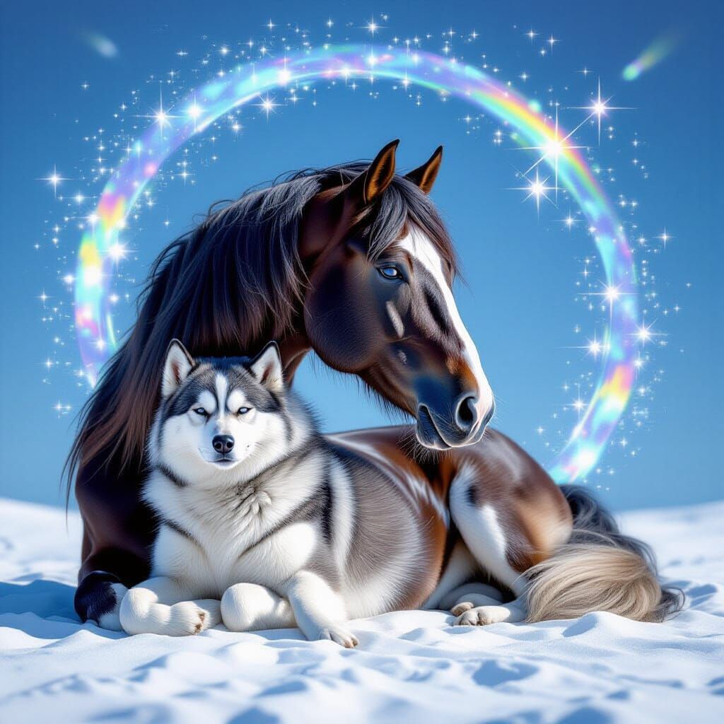 Arabian horse and grey Alaskan Malamute