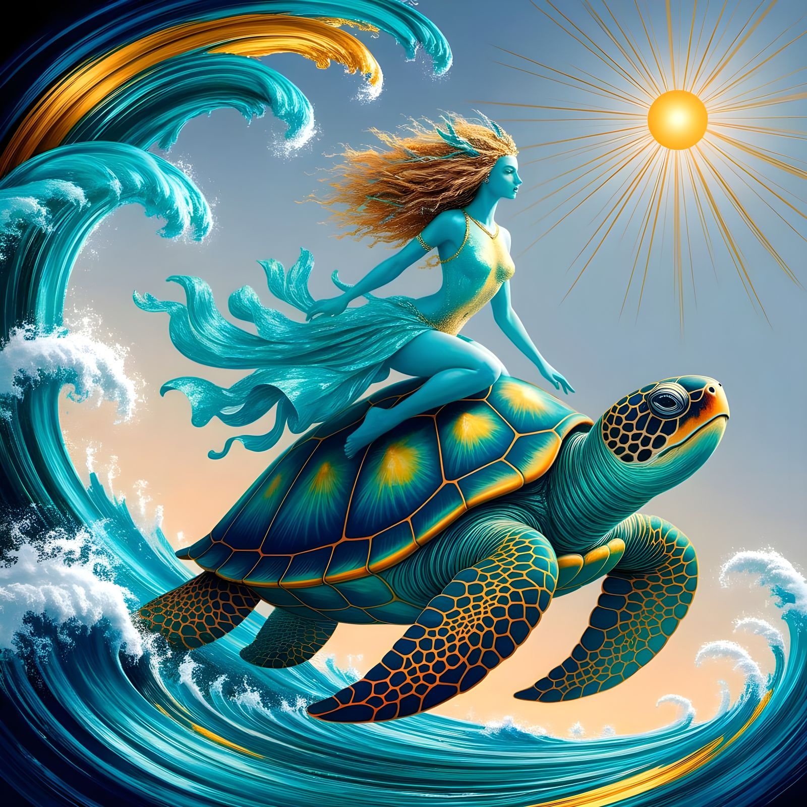 Aquatic Goddess Rides Turtle in Surreal Seascape