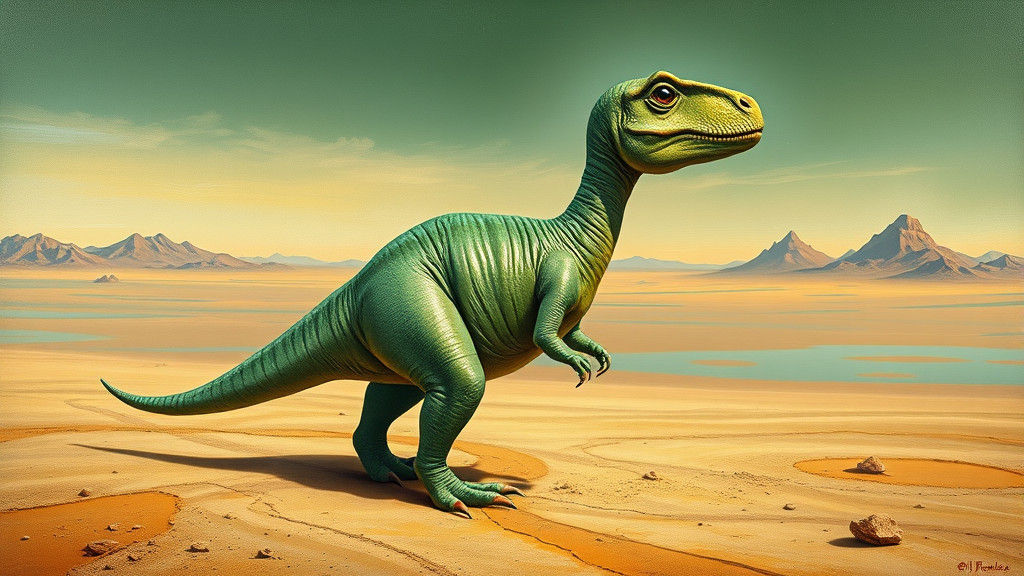 Surreal Green Dinosaur in Desert Dreamscape