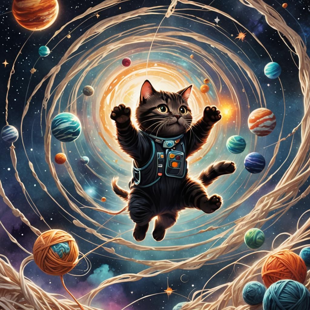 Cat in Spaceship Pouncing on Yarn Earth, Pixar Style