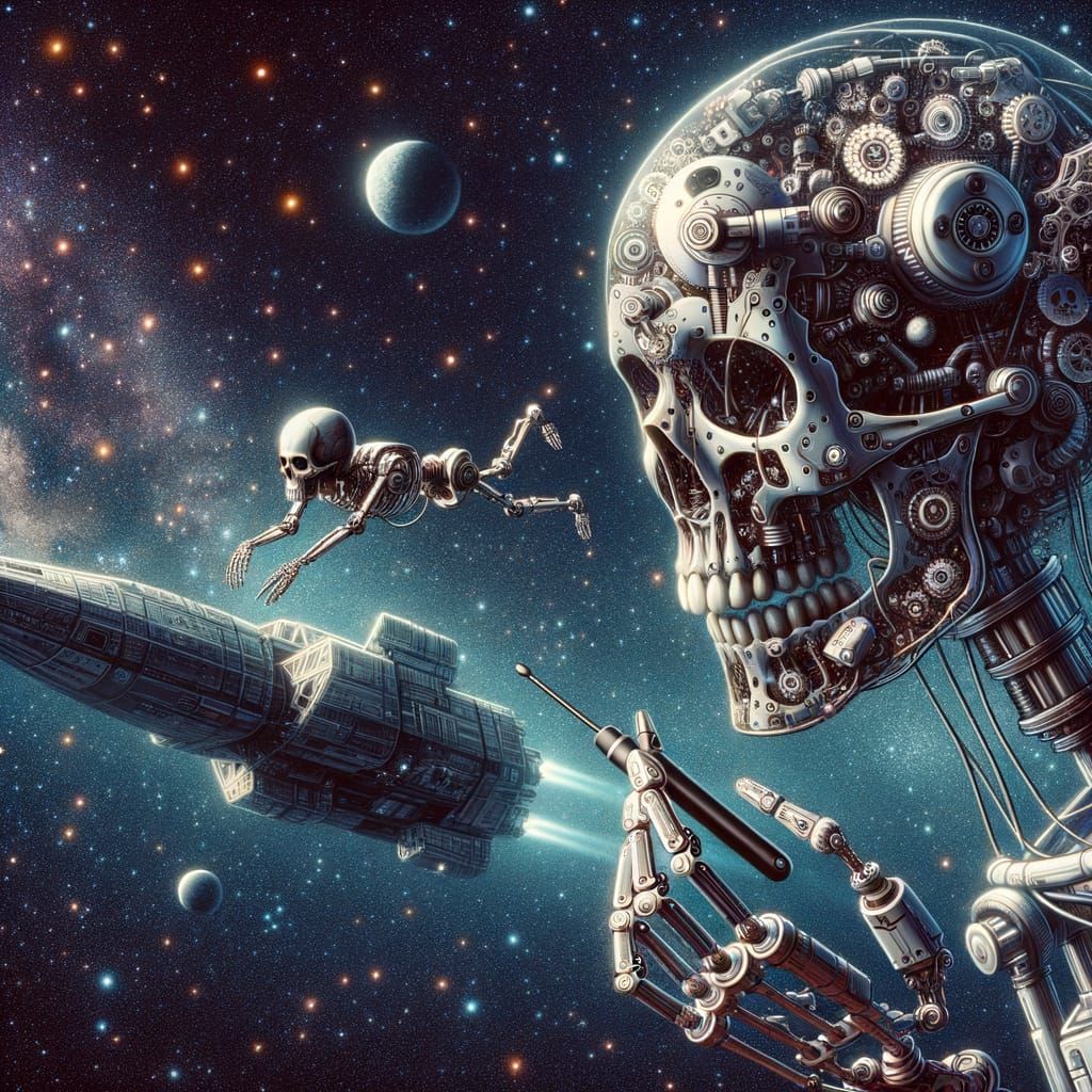 Mechanical Skull Repairs Spaceship Hull in Cosmic Expanse