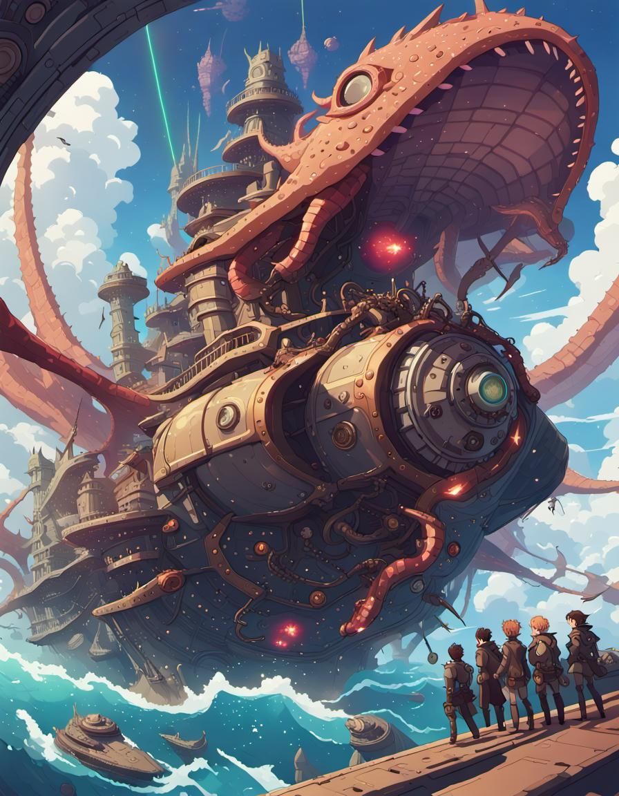 Steampunk Space Pirates Battle Kraken Ship