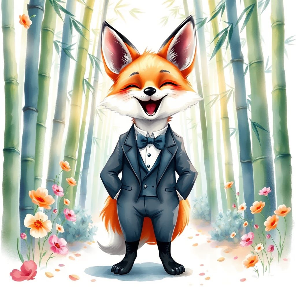 Fox in Tuxedo: Watercolor Bamboo Forest Scene