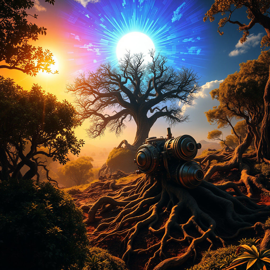 Steampunk Engine in Sun-Drenched Fantasy Landscape