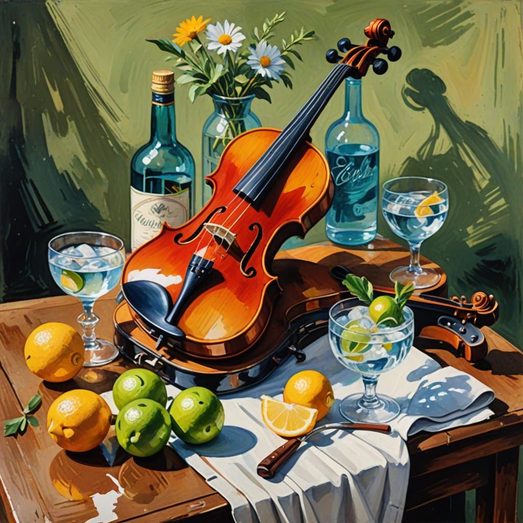 Still life violin gin and tonic  Cockerel  and tennis raquet