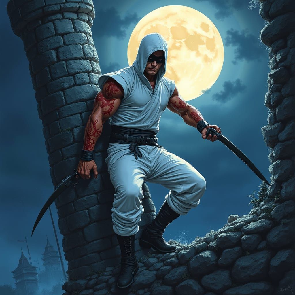 Ninja Scaling Castle Under Full Moon in Comic Art Style