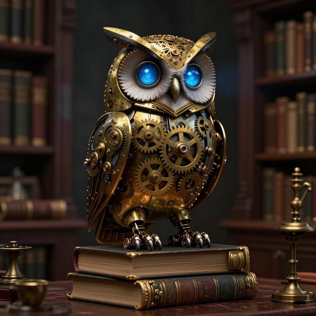 Mechanical Owl Perches on Books in Steampunk Library