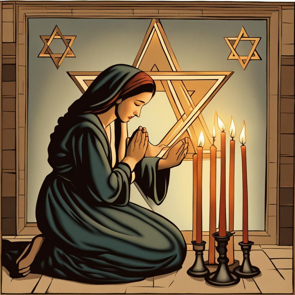 Jewish Mother Praying with Candles and Star