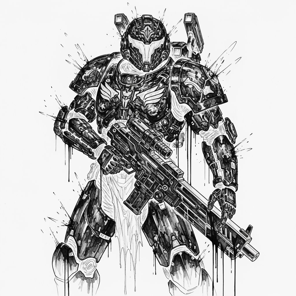 Monochrome Helldiver Ink Drawing with Dynamic Pose