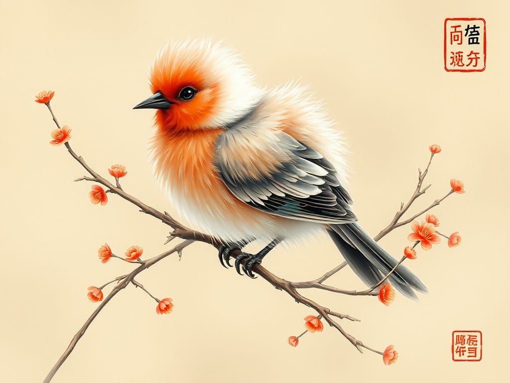 Fluffy Bird in Chinese Painting Style