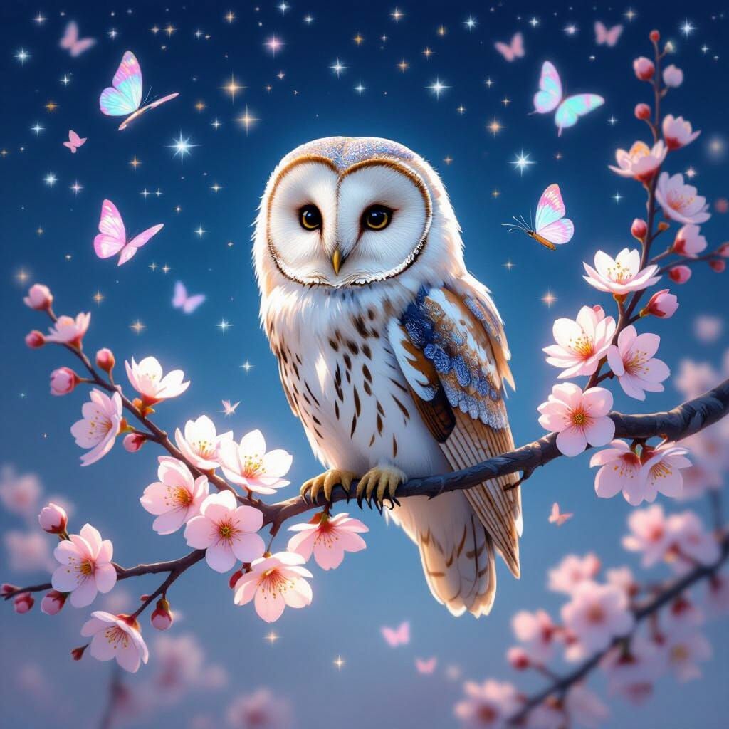 Owl on Cherry Blossom Branch in Art Nouveau Style