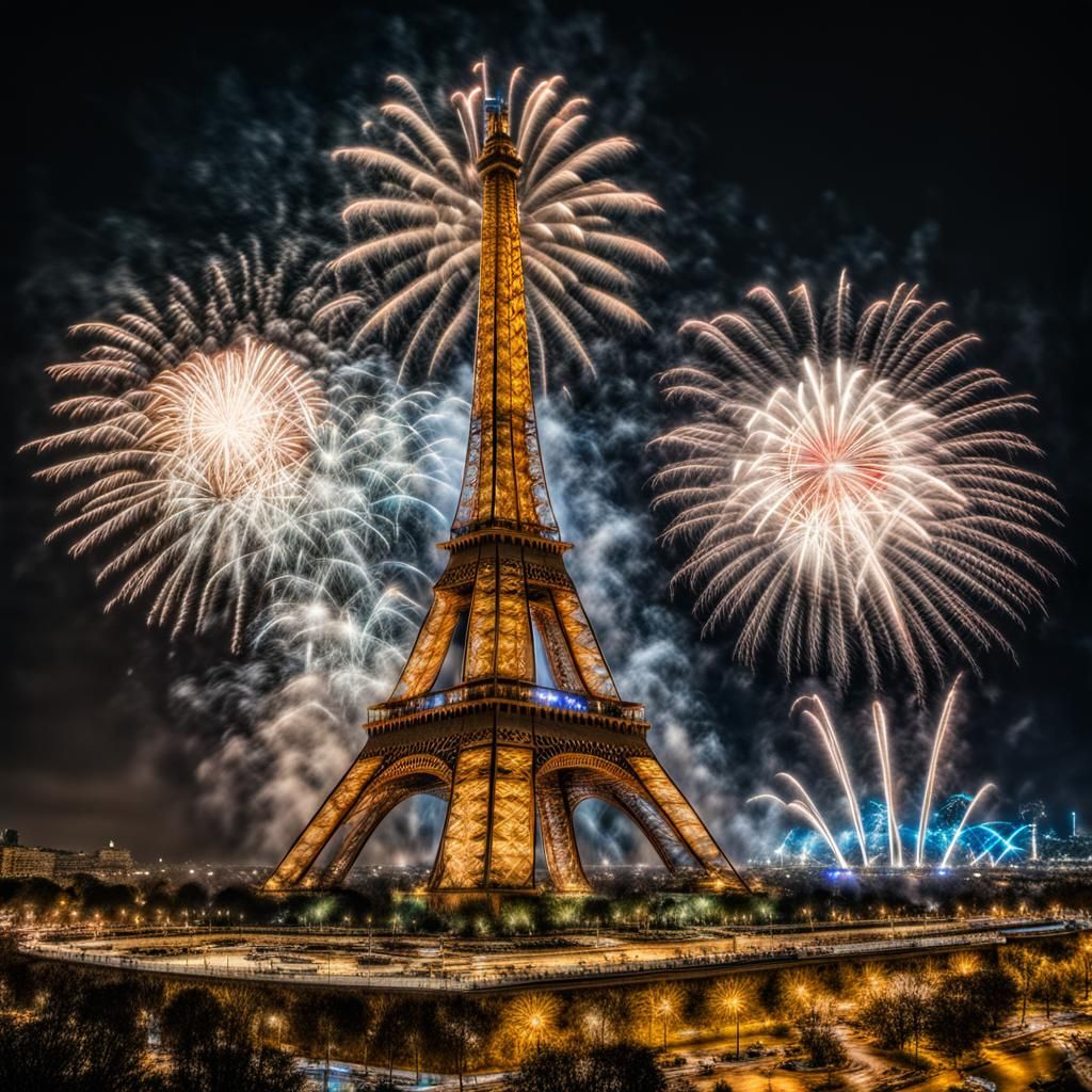 Eiffel Tower New Year's Fireworks: Hyperrealistic HDR