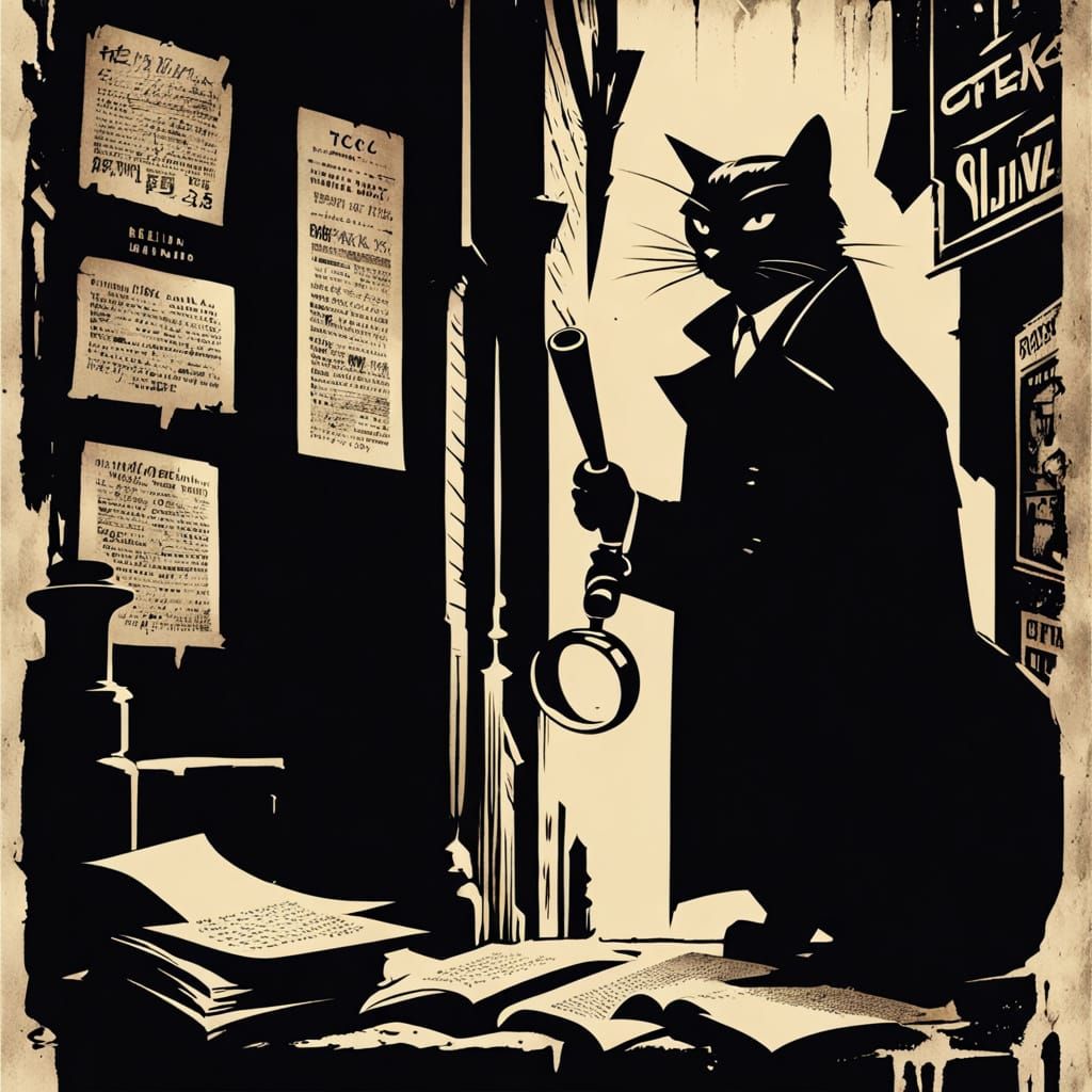 Noir Cat Detective Investigates Crime Scene