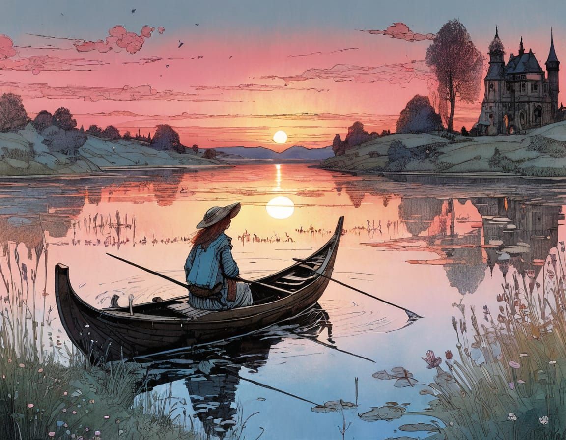 Summer Landscape with Pink Sunset in Illustration Style