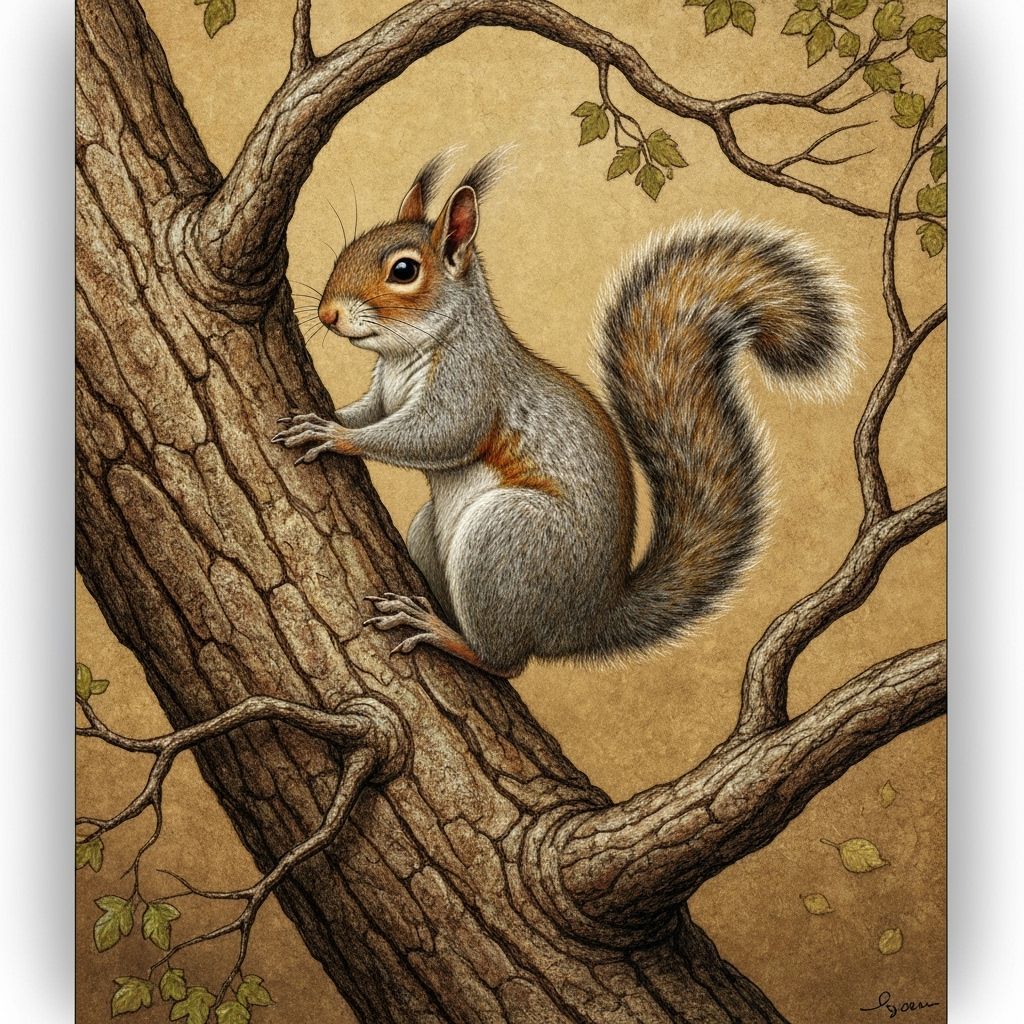 Whimsical Squirrel Climbs Gnarled Tree Trunk