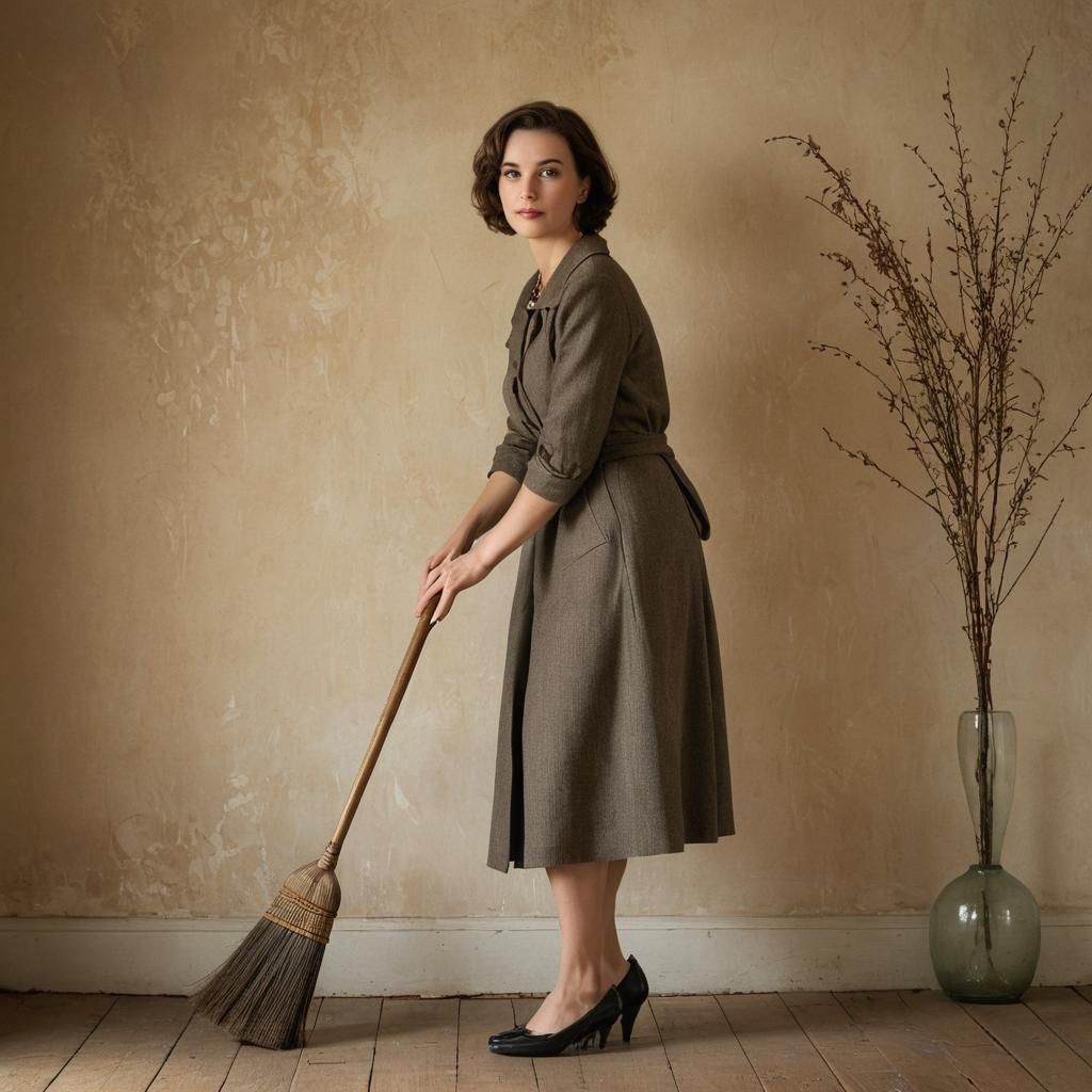 Elegant Woman with Broom in Classic Style