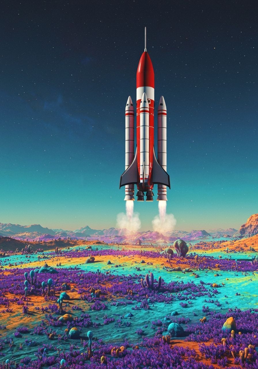Classic retro rocket landing vertically on a colourful alien planet