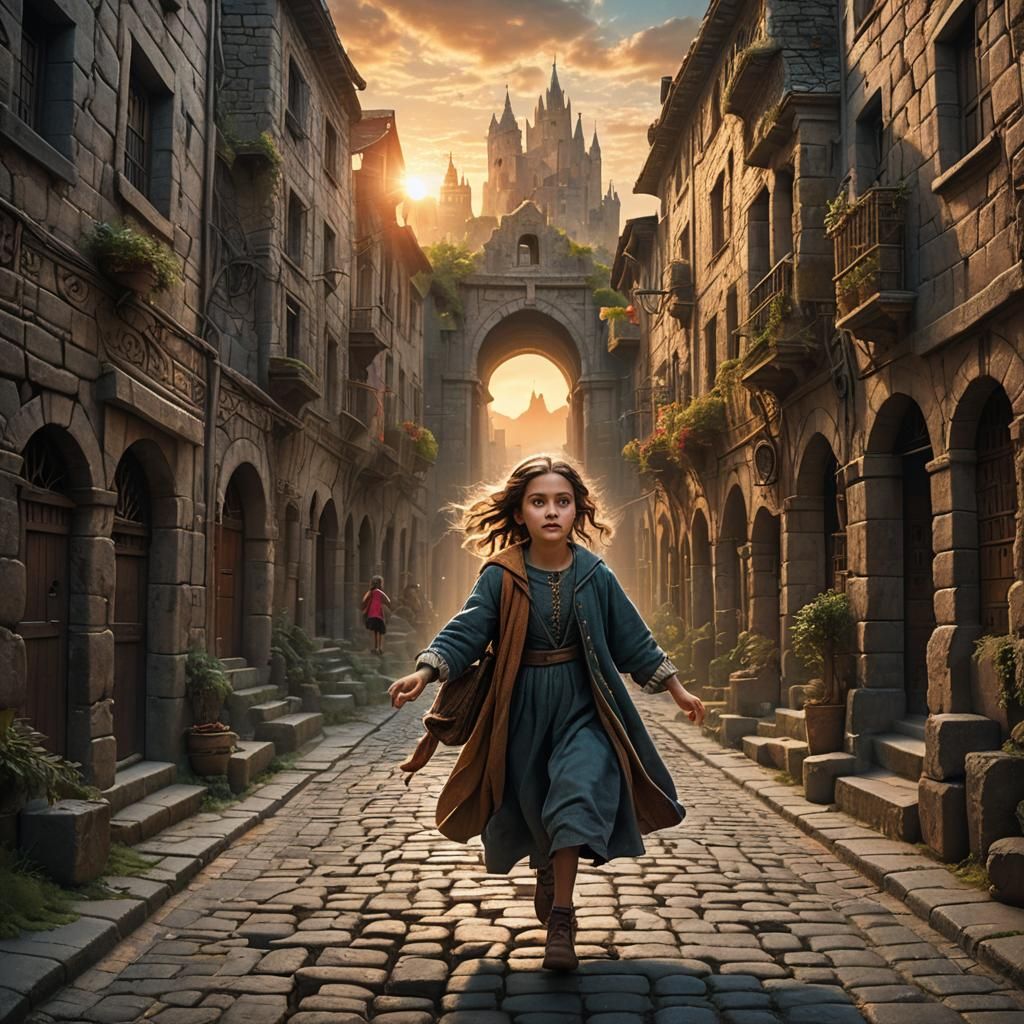 Woman and Child Running Through 19th Century Cityscape