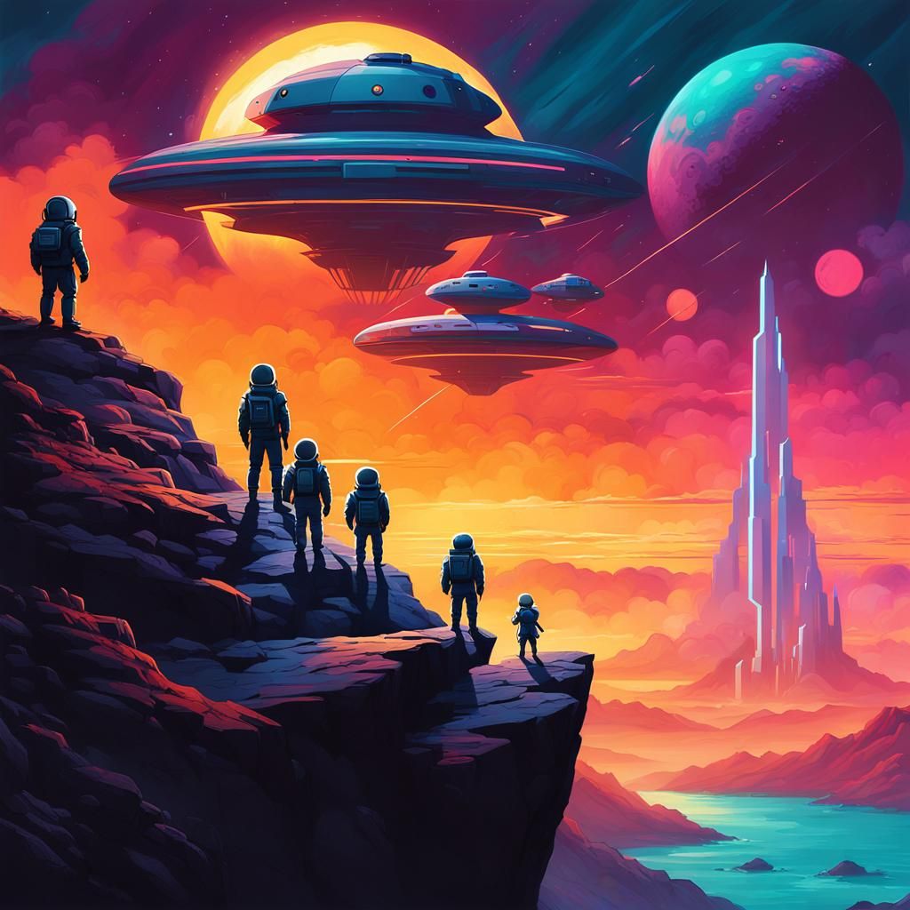 Fuzzy Creatures Gaze at Spaceship, in Digital Art