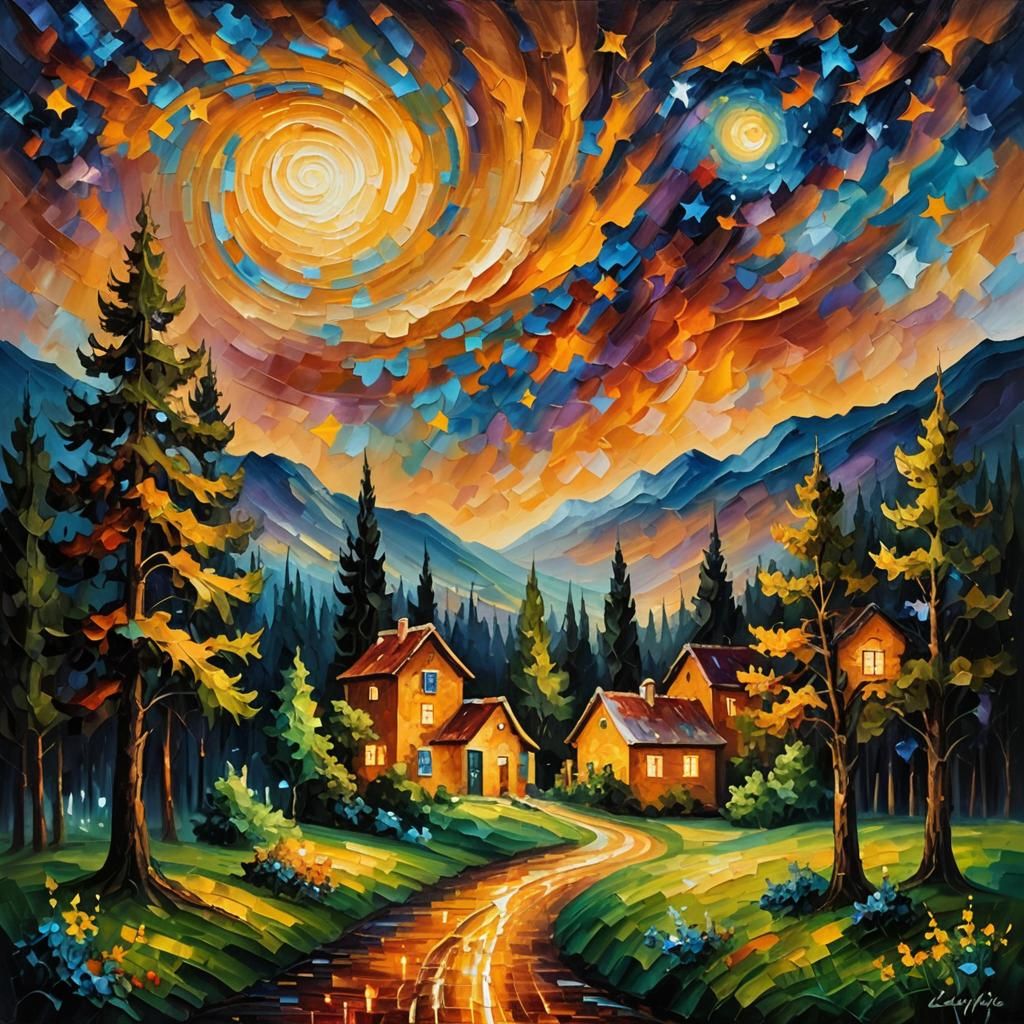 Village Under Starry Night Sky as Impasto Oil Painting