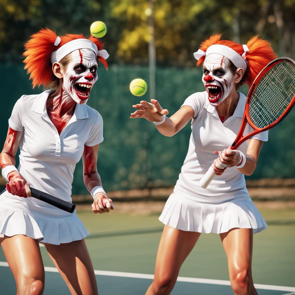 Zombie Monkey Clown Tennis Players in Vivid Digital Art