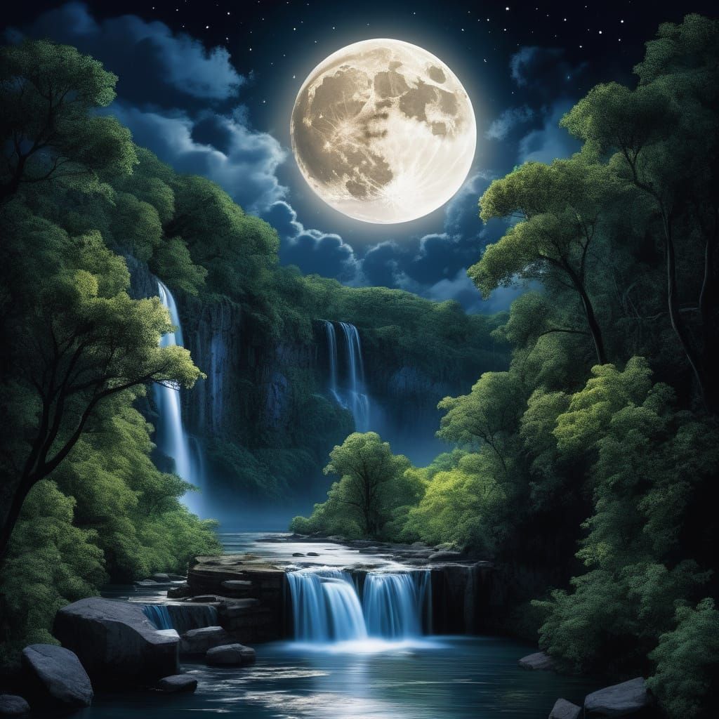 Moonlit River Gorge with Waterfalls at Night