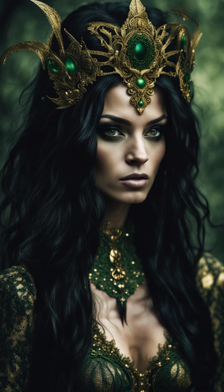 Sinister Dark Fairy Goddess with Golden Eyes
