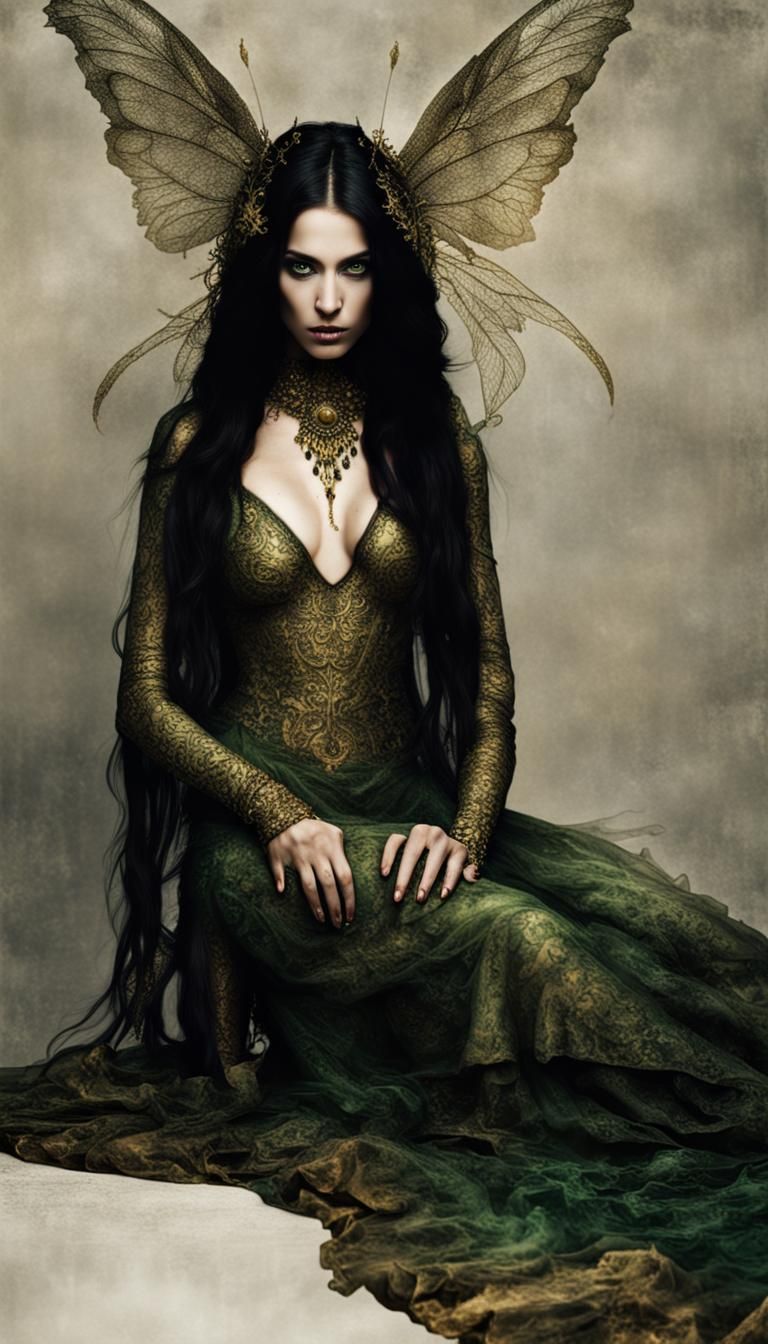 Sinister Dark Fairy Goddess with Golden Eyes