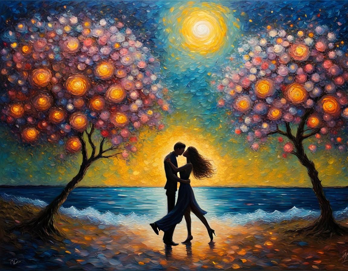 Lovers Dance at Night in Expressionist Oil Painting